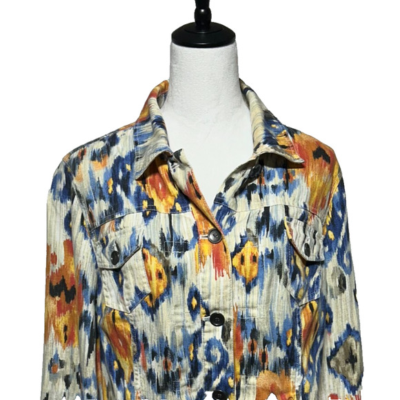 Chicos Aztec Tribal Linen Blend Jacket Womens Large 2 Blue Orange Button Up - Picture 1 of 10